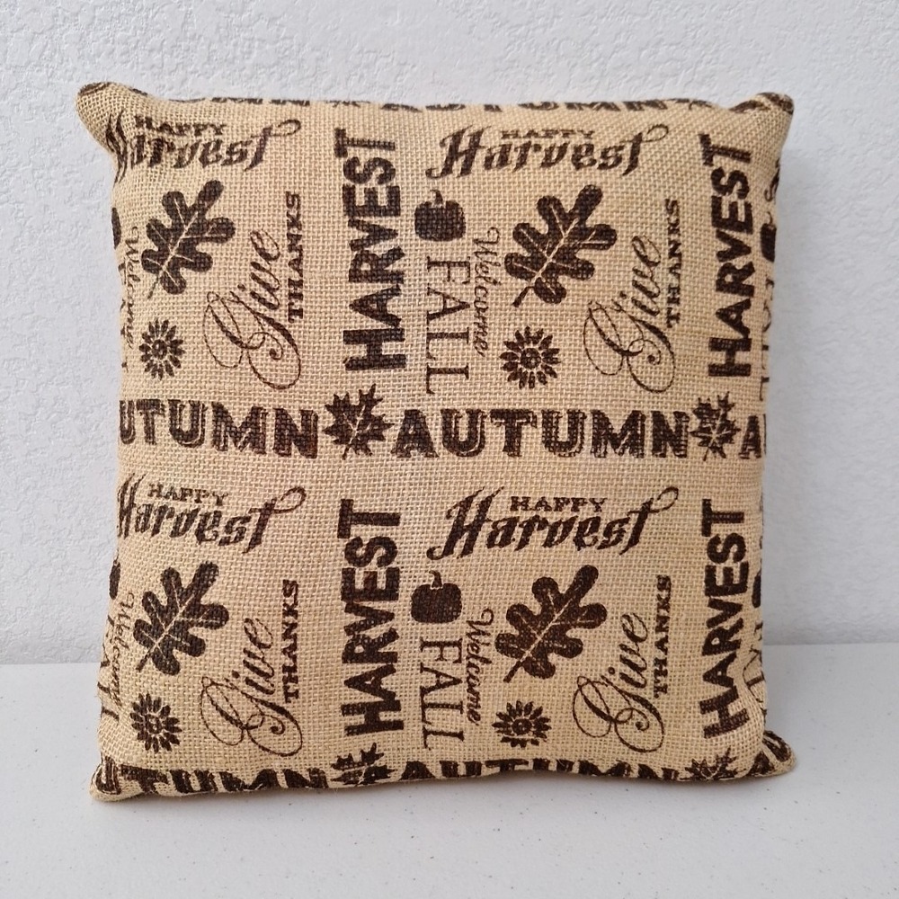 Vintage Fall Harvest Autumn Give Thanks Burlap Throw Pillow Home Decor 13" x 13" - Picture 3 of 9